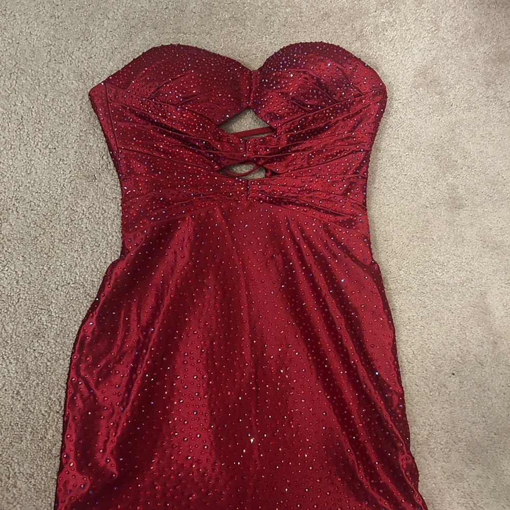 Red Strapless Rhinestone Evening Dress - Classic Sweetheart